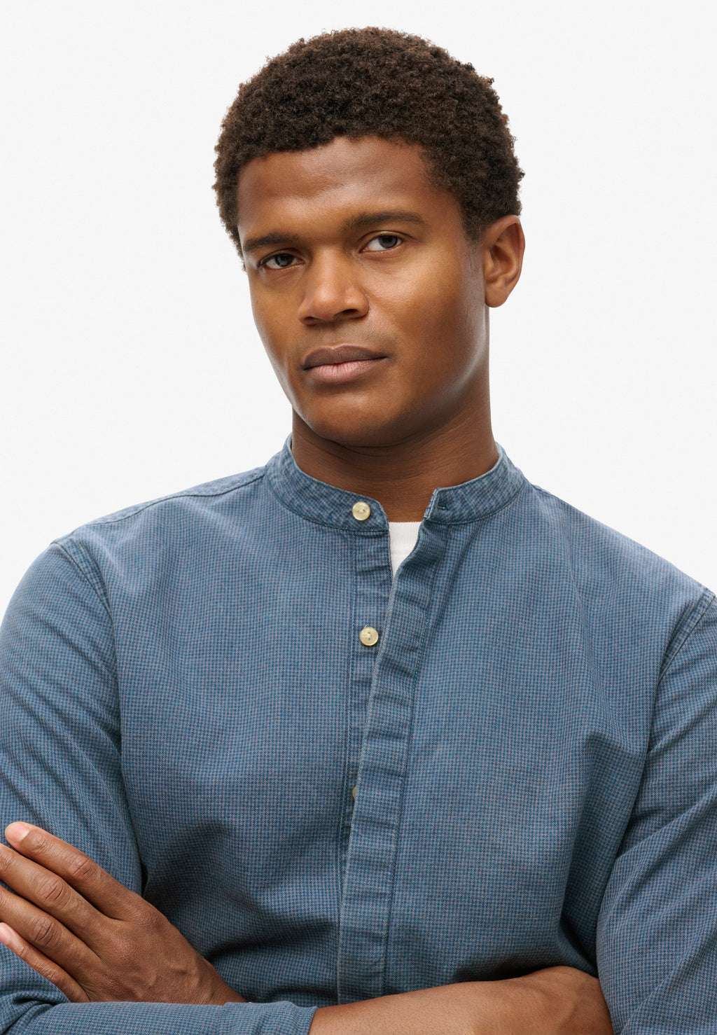 Merchant Indigo Grandad Shirt in Indigo Gingham