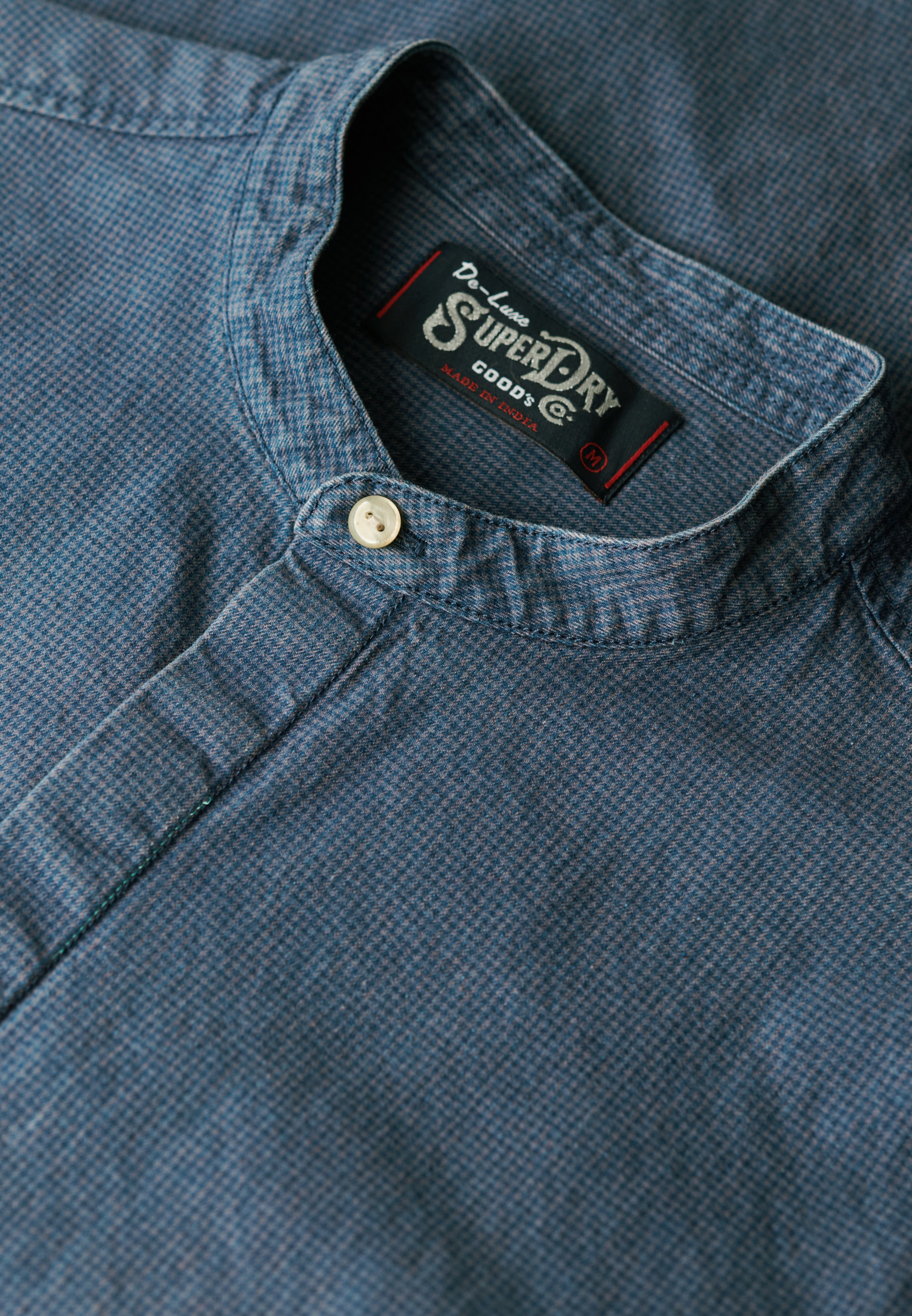 Merchant Indigo Grandad Shirt in Indigo Gingham