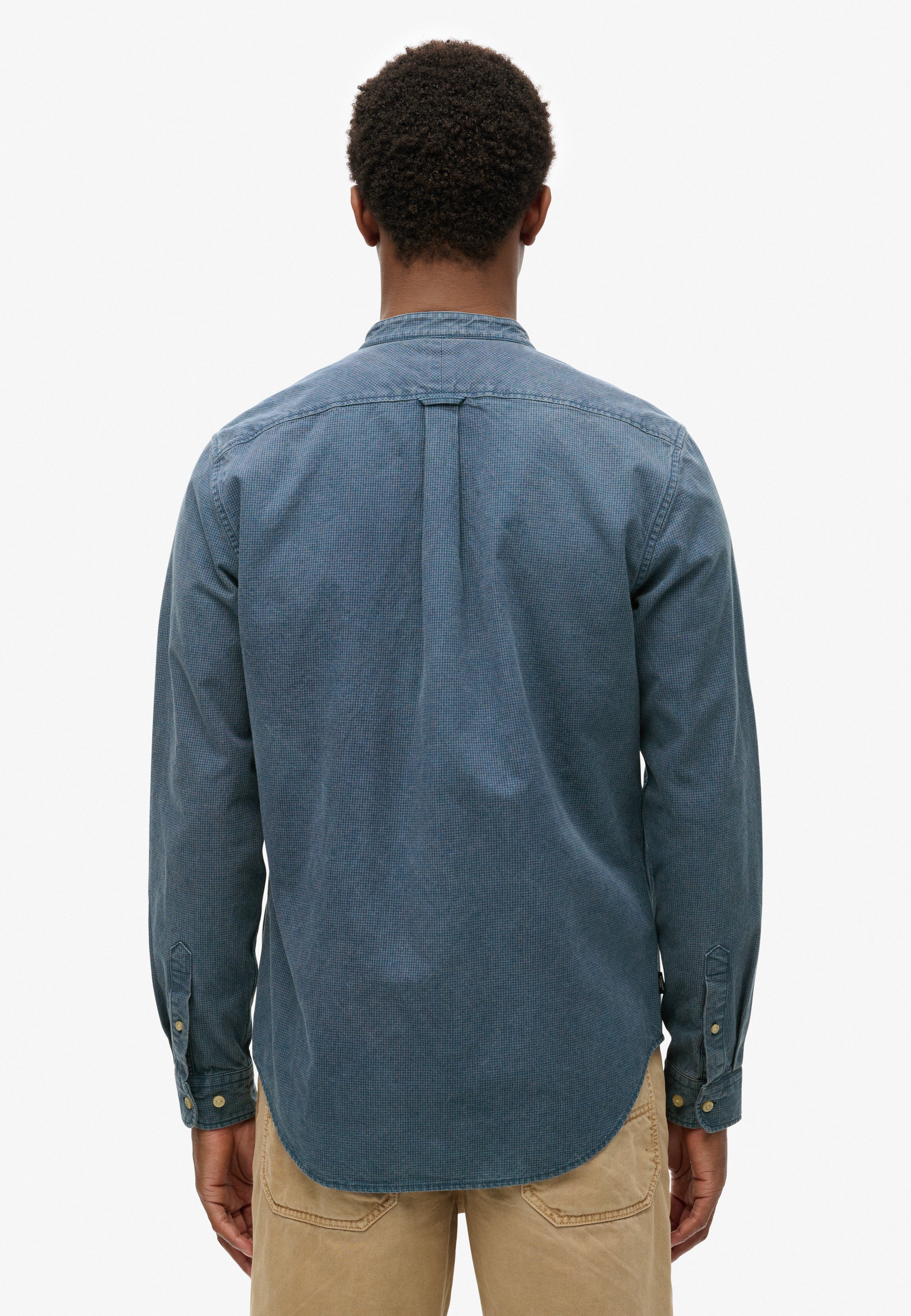 Merchant Indigo Grandad Shirt in Indigo Gingham