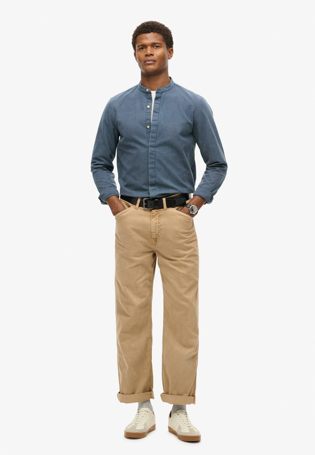 Merchant Indigo Grandad Shirt in Indigo Gingham