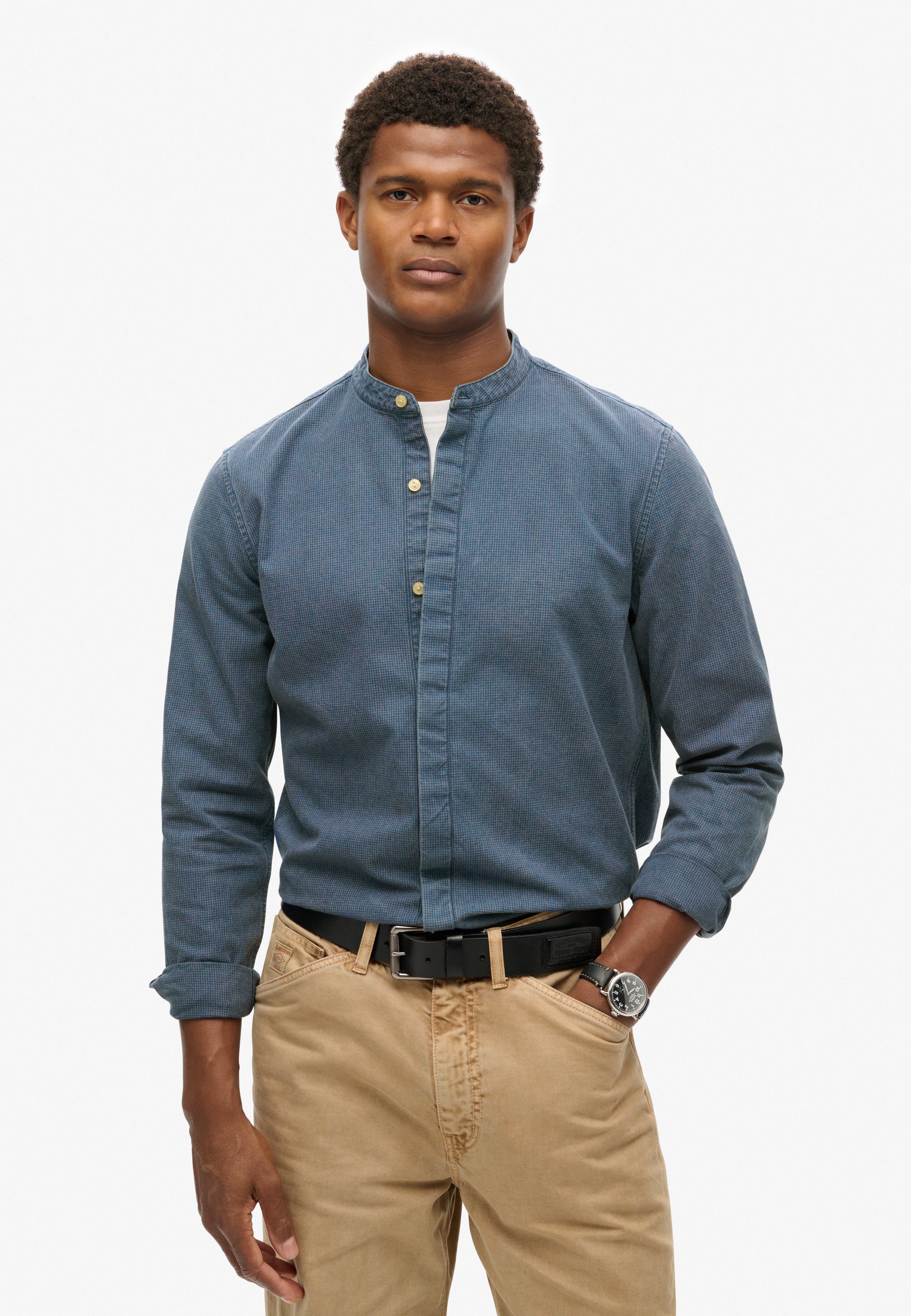 Merchant Indigo Grandad Shirt in Indigo Gingham