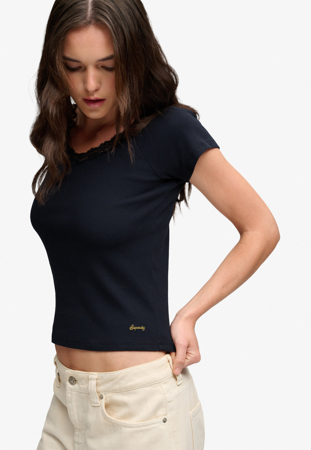 Athletic Essential Lace Trim V-Neck T-Shirt
