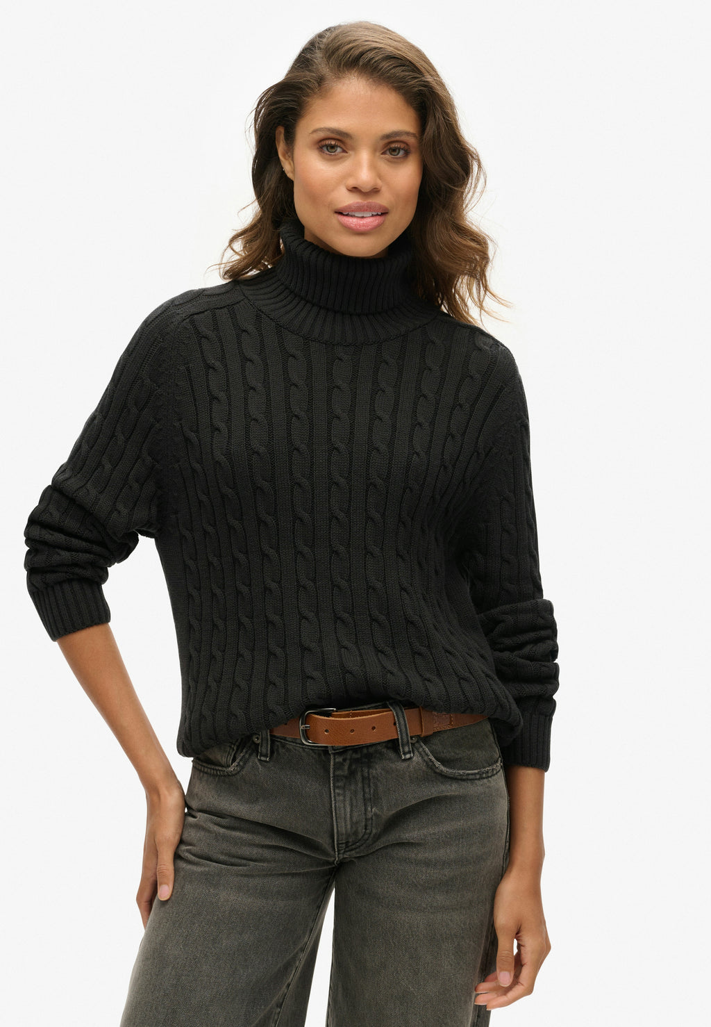 Slouchy Cable Roll Neck Jumper