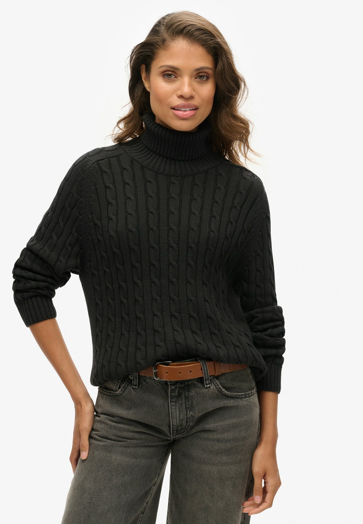 Slouchy Cable Roll Neck Jumper