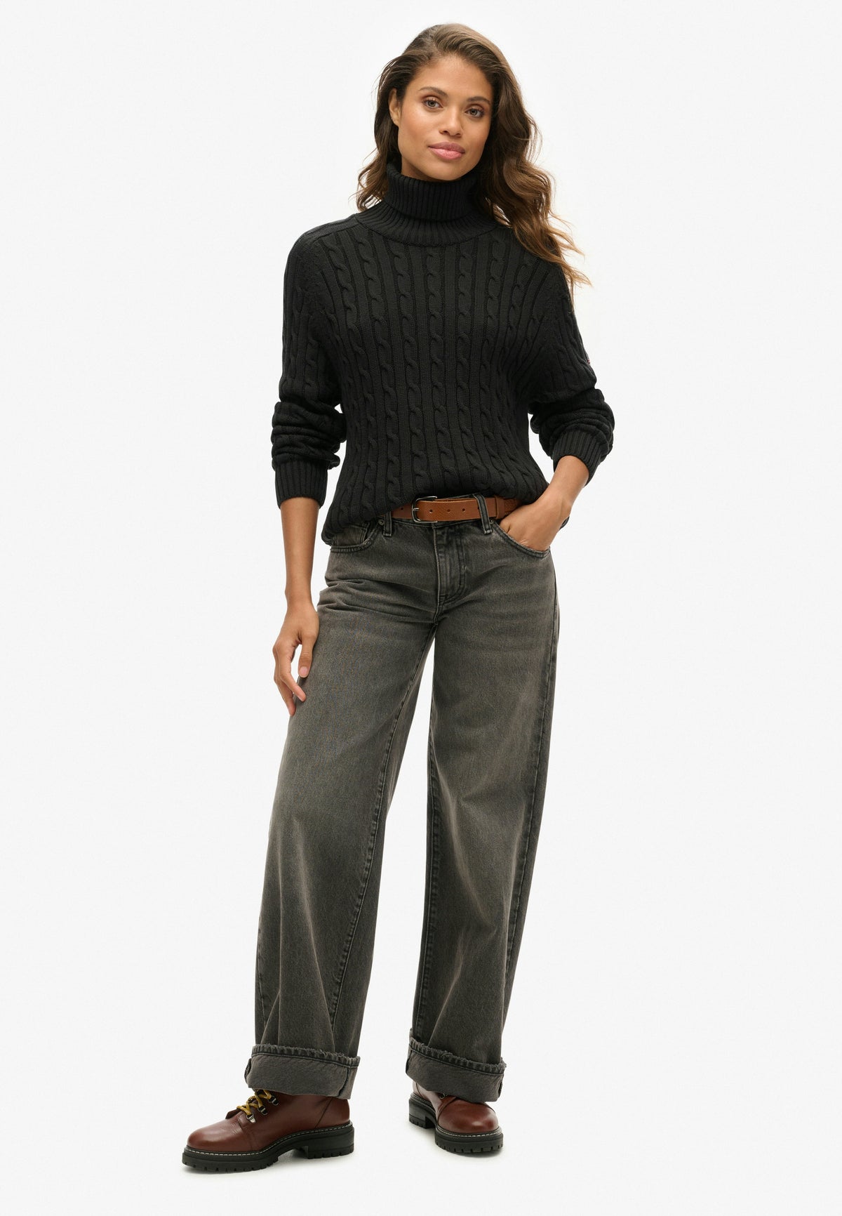 Slouchy Cable Roll Neck Jumper