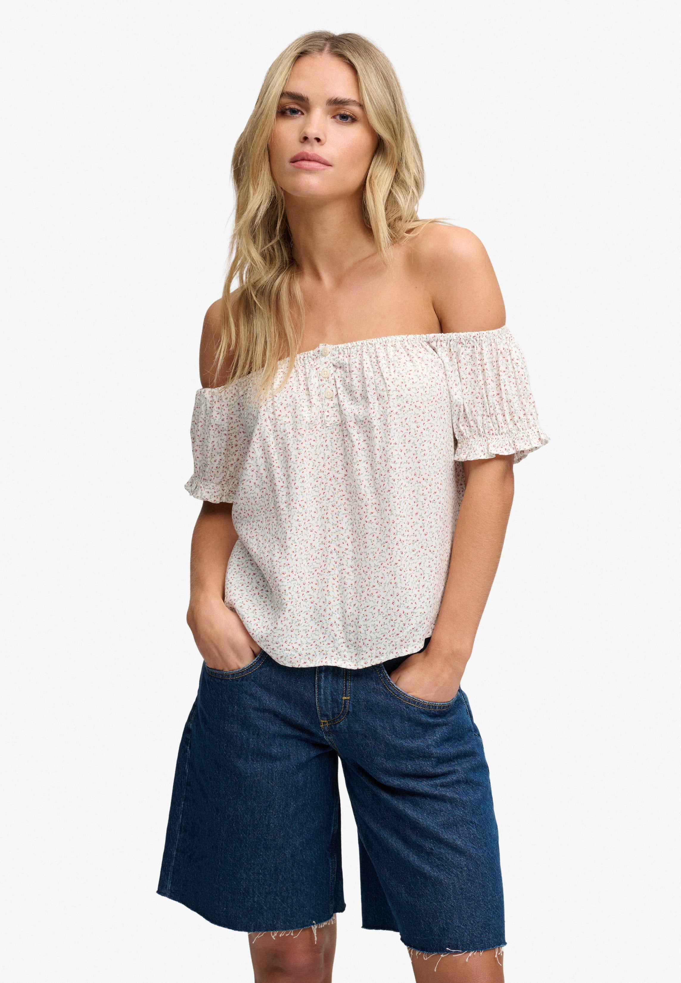 Short Sleeve Half Button Woven Top
