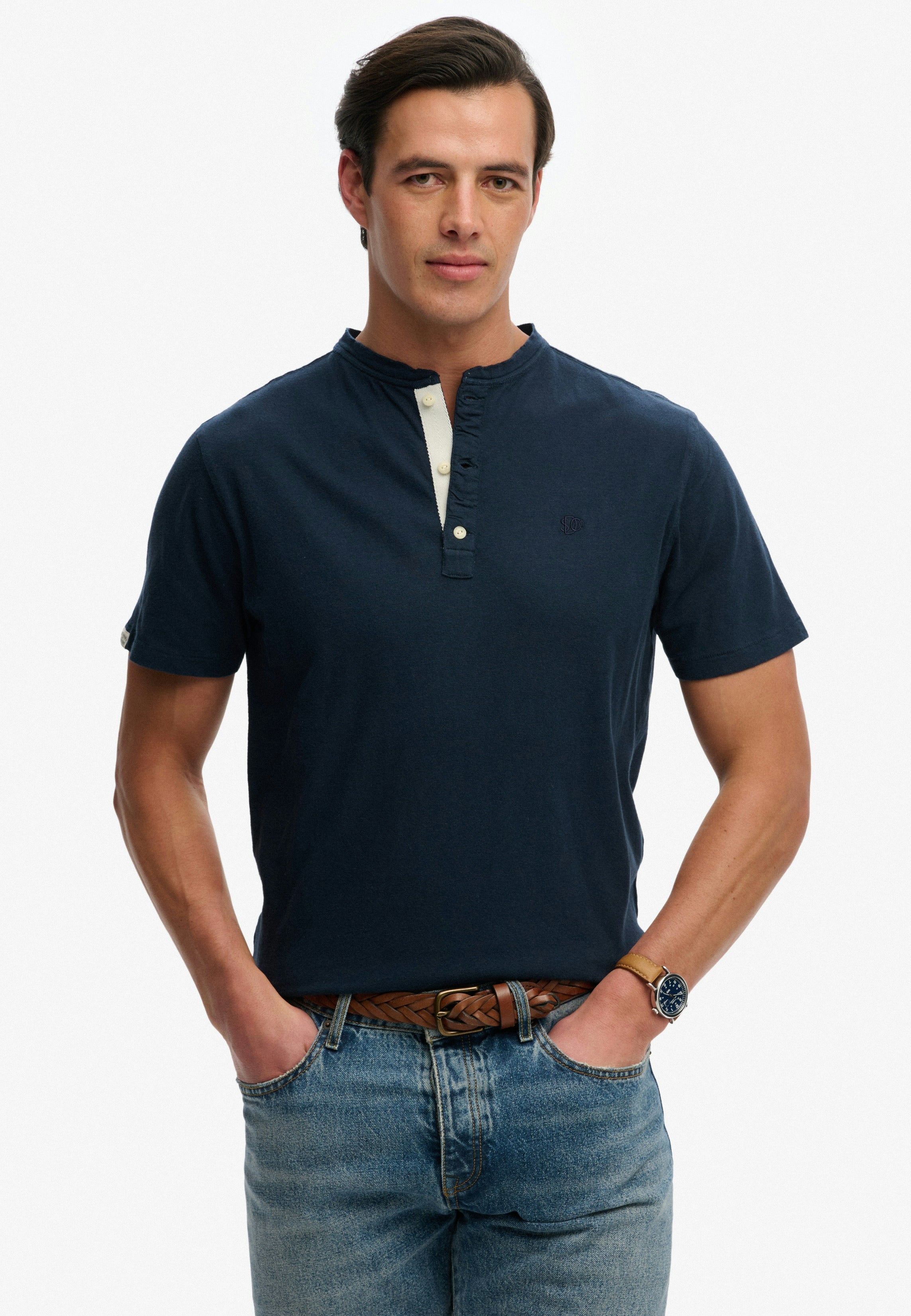 Classic Cotton Linen Short Sleeve Henley T-shirt