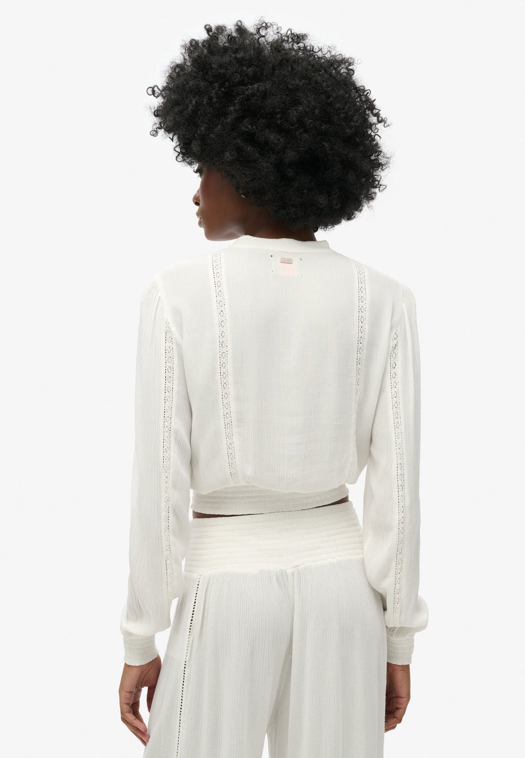 Long Sleeve Lace Trim Smocked Blouse