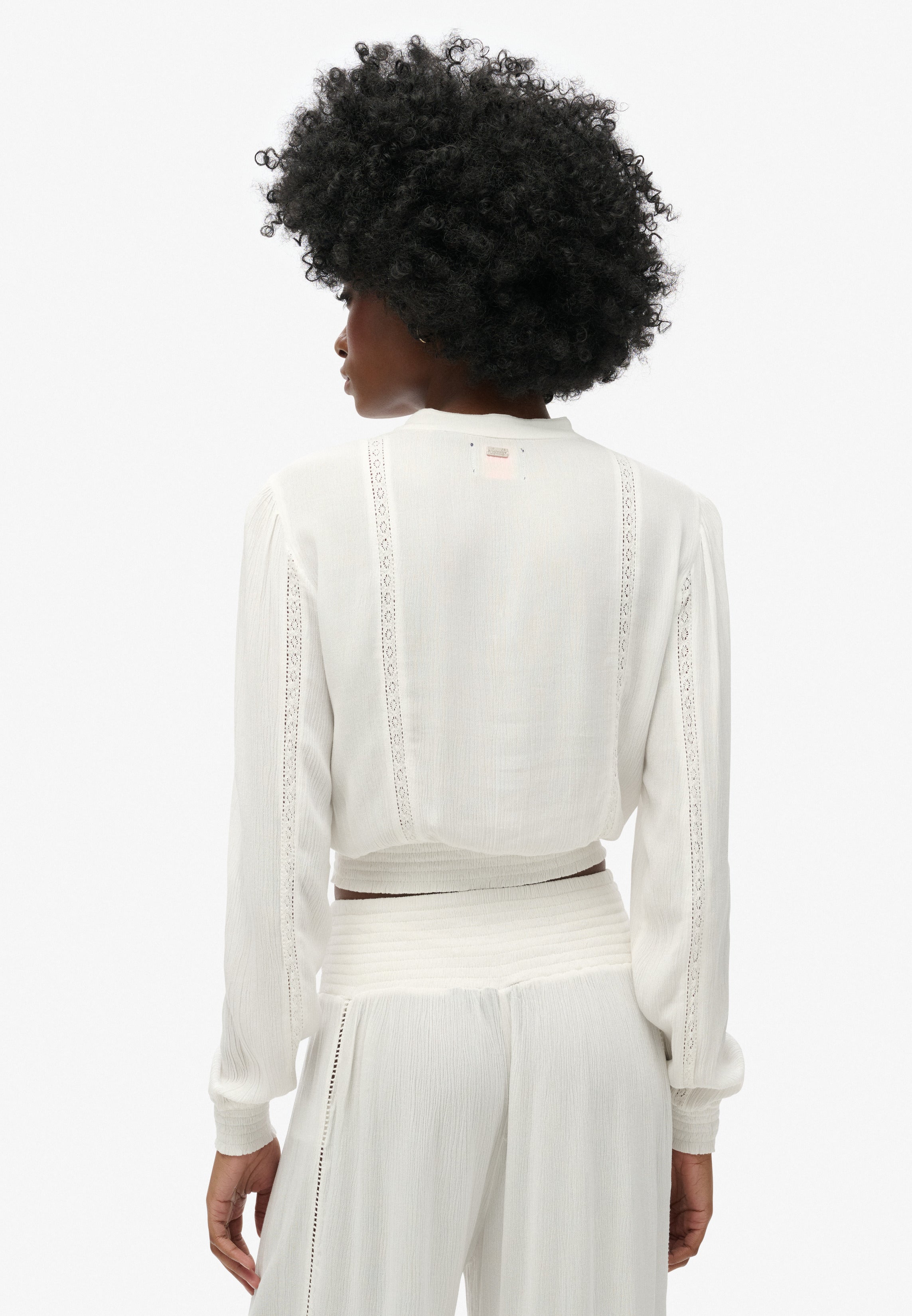 Long Sleeve Lace Trim Smocked Blouse