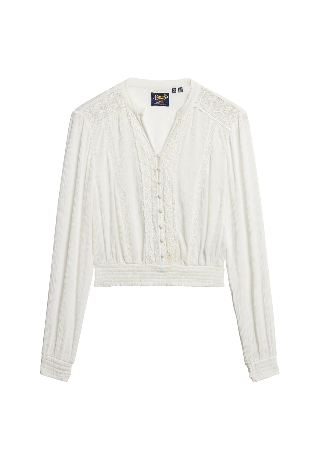 Long Sleeve Lace Trim Smocked Blouse