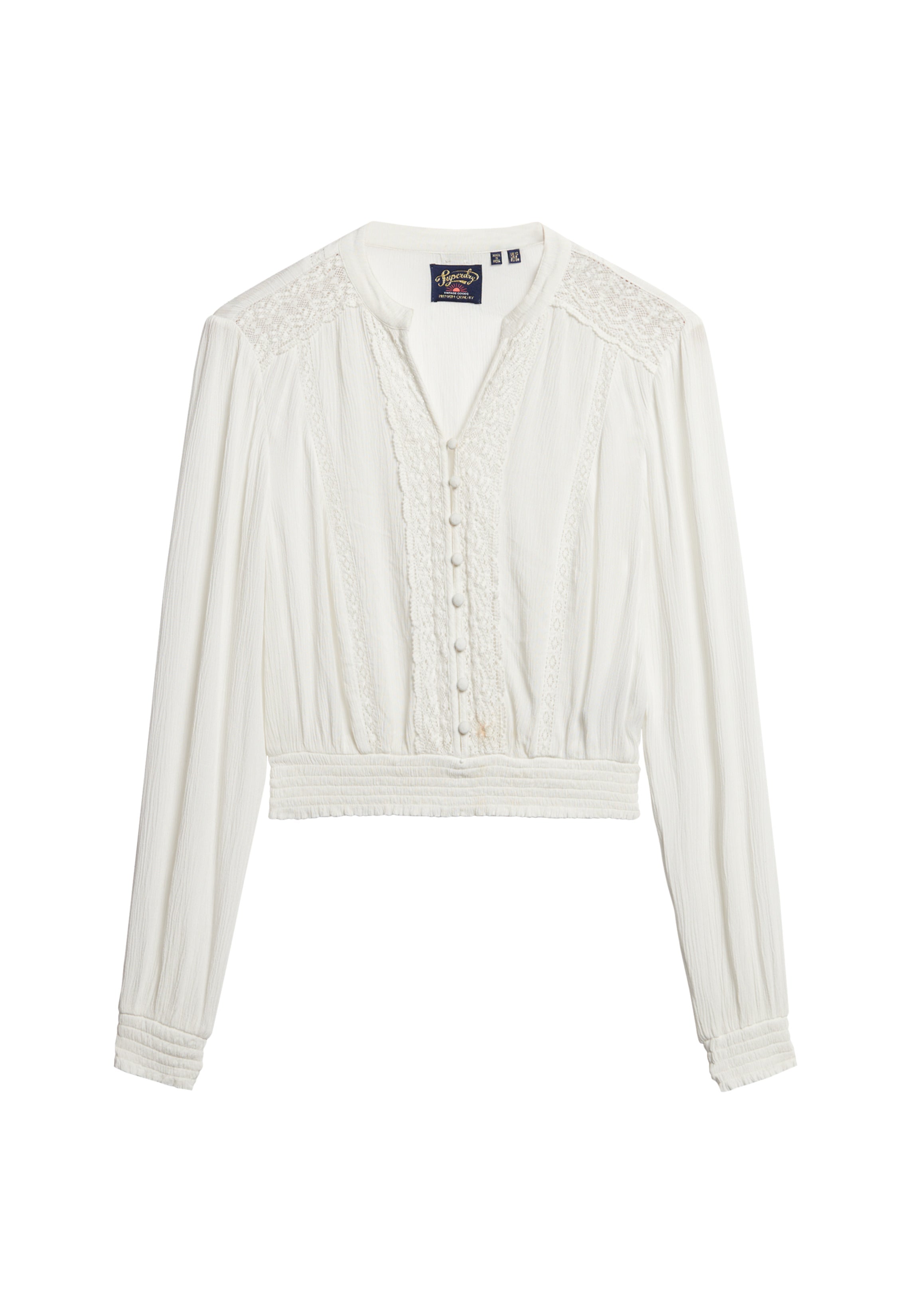 Long Sleeve Lace Trim Smocked Blouse