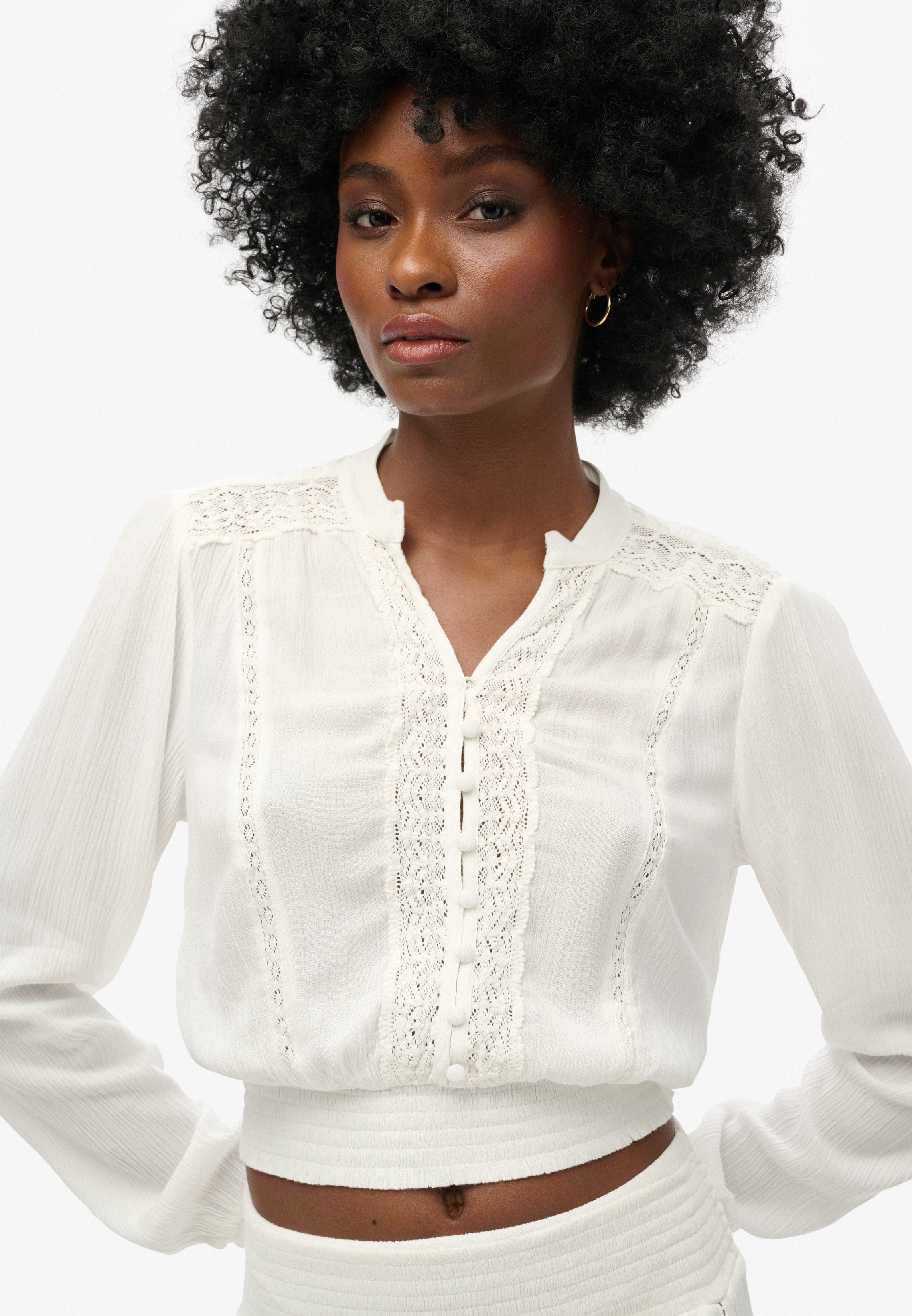 Long Sleeve Lace Trim Smocked Blouse