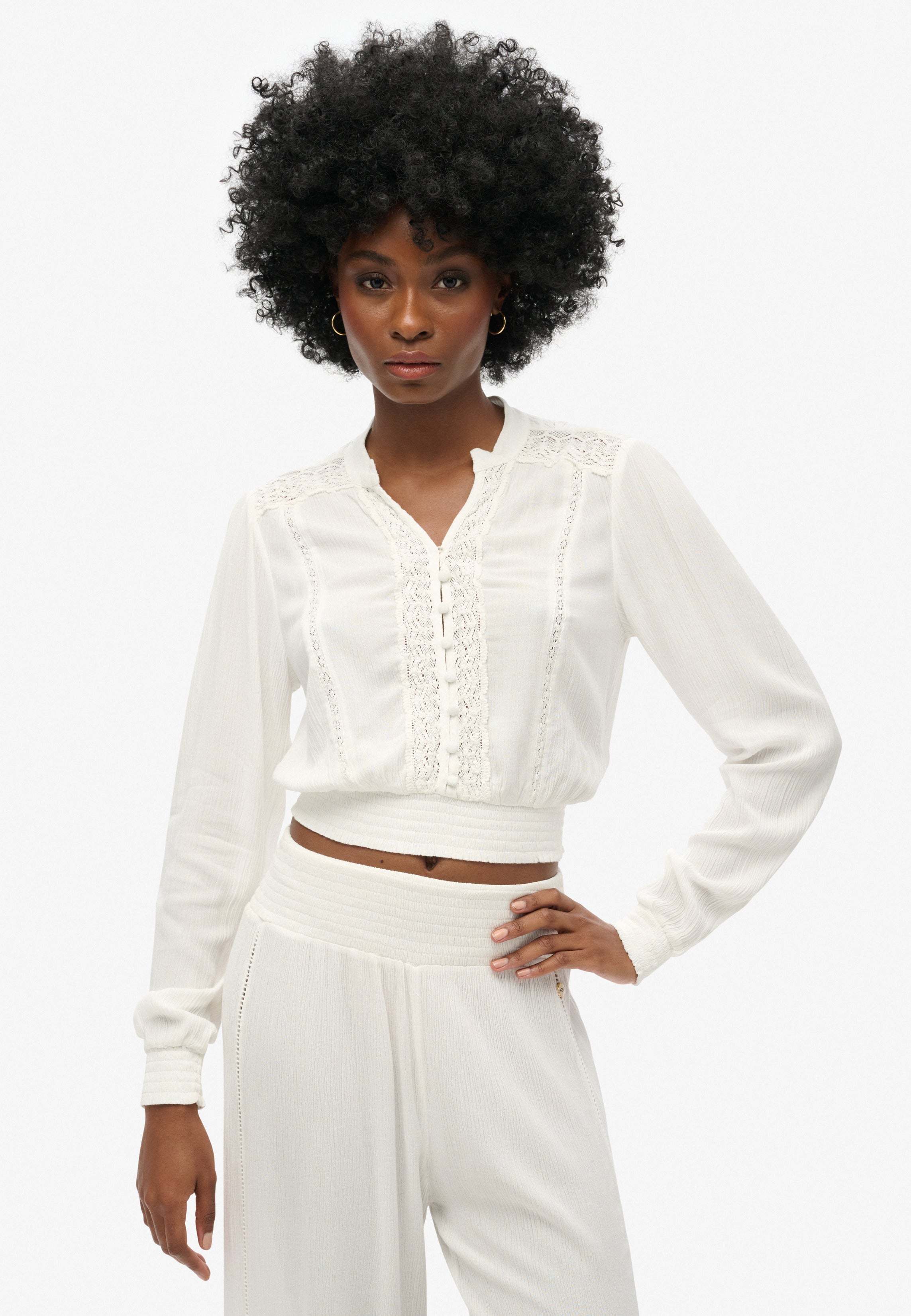 Long Sleeve Lace Trim Smocked Blouse